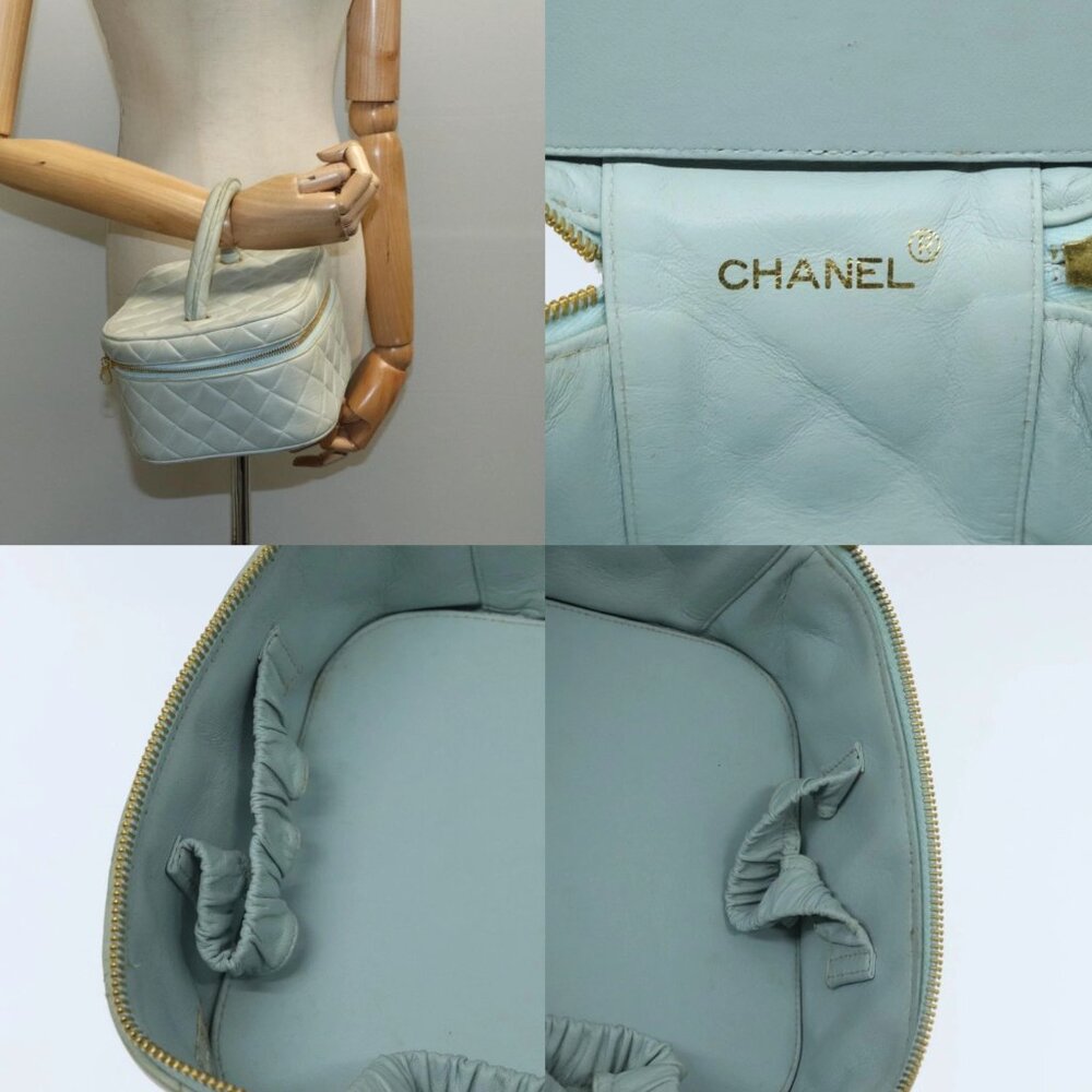 CHANEL Matelasse Vanity Cosmetic Pouch Lamb Skin Blue Gold CC Auth yk15445 - Picture 15 of 16